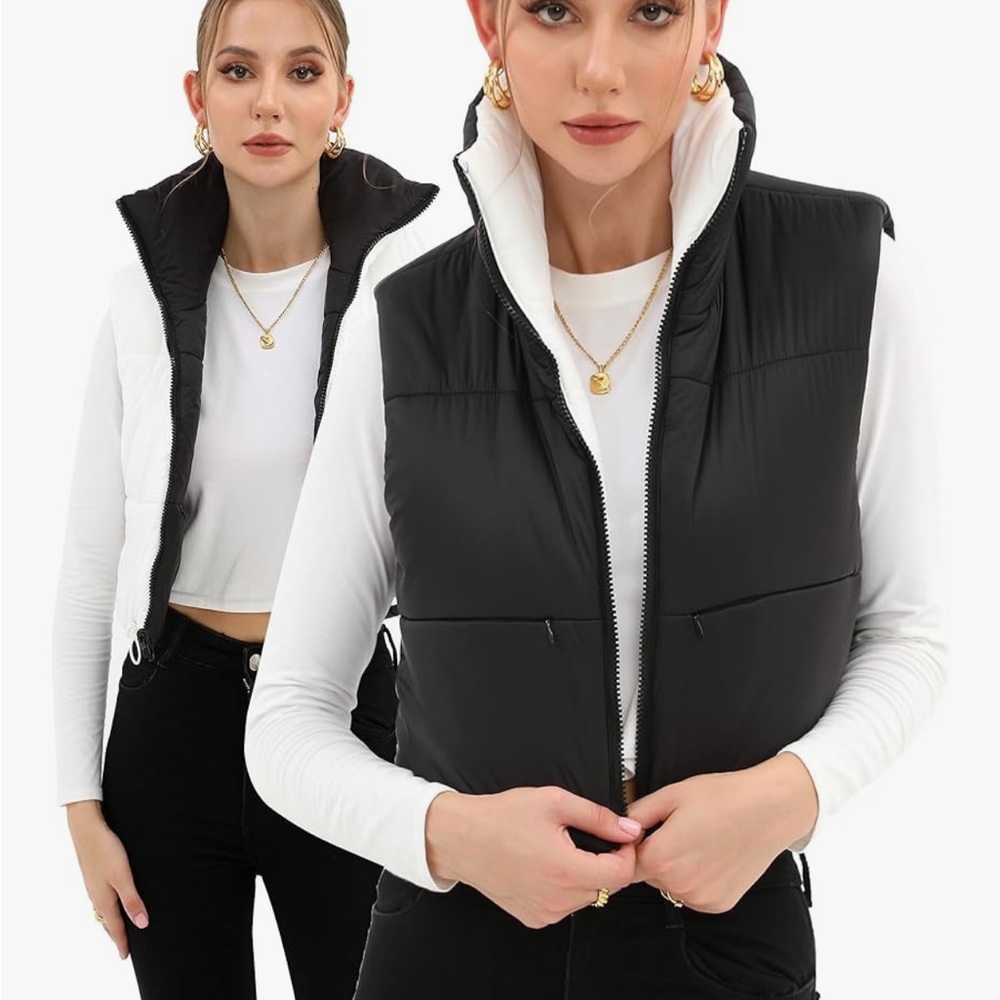 HVEWARM NWT XL Reversible Black off/white HIGH COLLAR SOFT pockets Puffer Vest